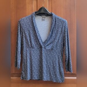 Ann Taylor Navy and White Geometric Blouse Large